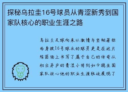 探秘乌拉圭16号球员从青涩新秀到国家队核心的职业生涯之路